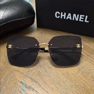 CHANEL Women’s Black Square Rimless Sunglasses with Gold CC Accents